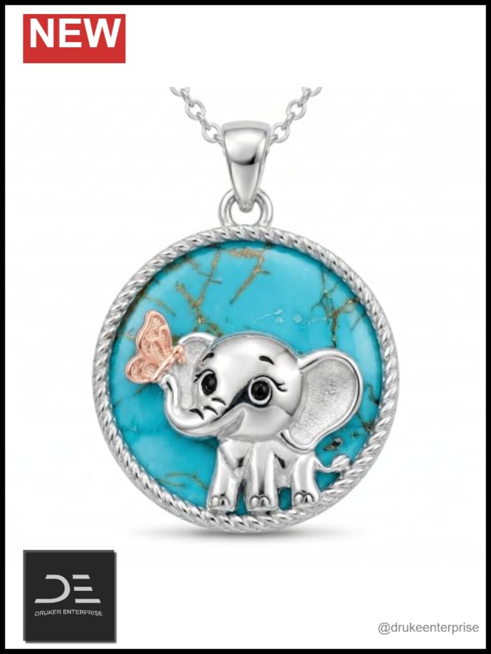 925 Sterling Silver Elephant Turquoise Pendant Necklace Butterfly Adjustable